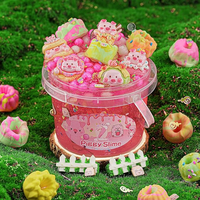 LAWOHO 300ml Piggy Slime Kit with Clay, Red Clear Slime Bucket for Girls & Boys with 11 Packs Cute Add-Ins for Kids Slime Toys, Non Stick Slime Making Kit for Birthday Halloween Christmas Easter