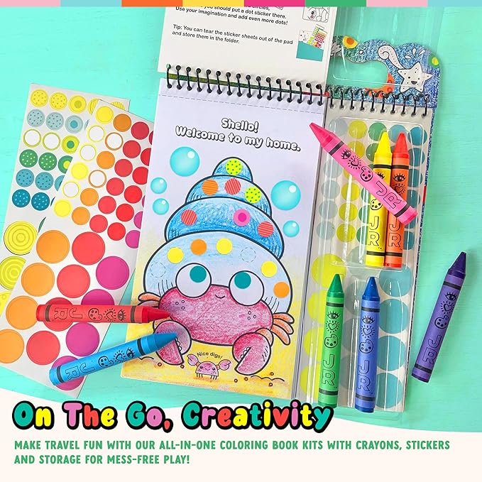 Bright Stripes Art on The Go Going Dotty Ocean Theme Travel Kit for Kids Ages 3+ | Compact Coloring Set with Crayons, Dot Stickers & Activity Book | Fun, Mess-Free Crafts for Toddlers and Preschoolers