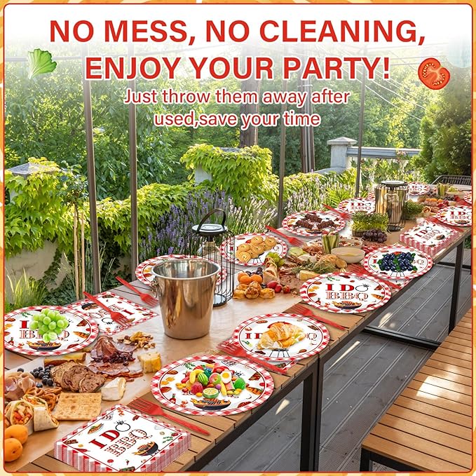 Wiooffen 96 Pcs BBQ Bachelorette Party Plates Napkins Tableware Set I Do BBQ Party Supplies Disposable Red and White I Do Dinnerware for Summer Wedding Engagement Bridal Shower Supplies, 24 Guests