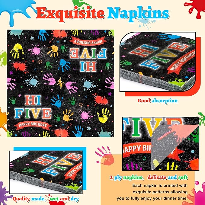 Hi Five Drawing Party Supplies - 96Pcs Art Painting Themed Plates Napkins Forks Tableware Set, Disposable Paper Plates Party Decoration for Kids 5 Years Old Birthday Baby Shower Table Decor, Serve 24