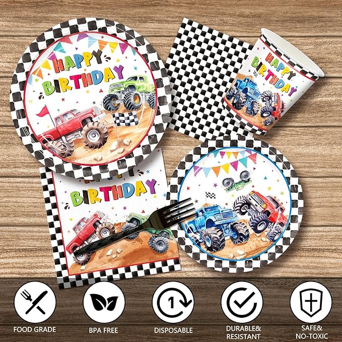 144pcs Monster Truck Birthday Party Decorations Plates Napkins Disposable Truck Paper Cups Monster Truck Party Supplies Tableware Set for Kids Boys Birthday Decor Serve 24 Guests