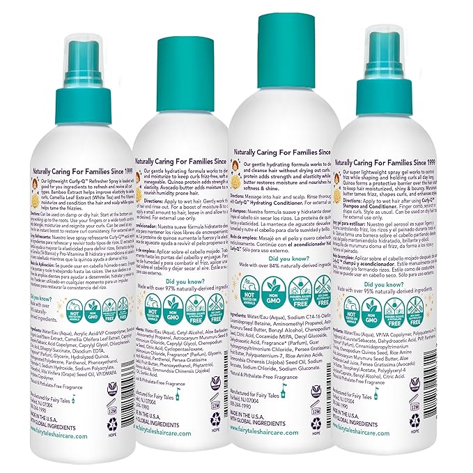 Fairy Tales Curly Q Hydrating Kids Shampoo 12oz, Conditioner 8oz, Styling Spray Gel 8oz & Refresher Spray 8oz - Paraben, Sulfate, Gluten & Nut Free - All Curl Types Incl. Multi Cultural Hair (4 Pk)