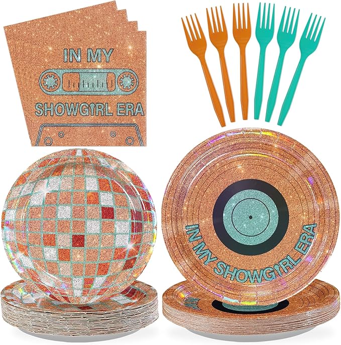 96Pcs In My Showgirl Era Decorations Disco Orange Green Glitter Plates and Napkins Tableware Sets The Life of A Birthday Decorations for Women Girls Birthday Showgirl Themed Party Supplies Serves 24