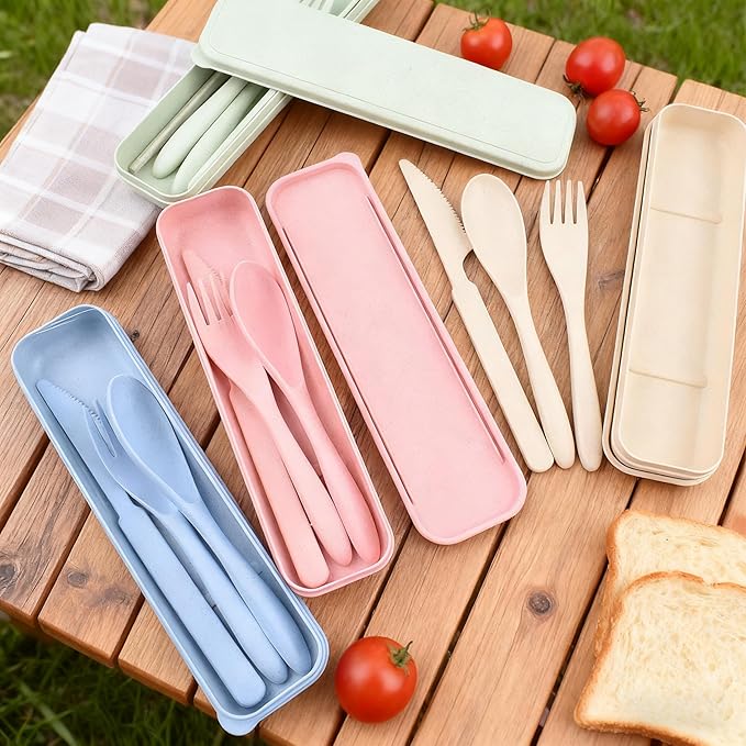 Portable Utensils Set with Case, 6 Sets Wheat Straw Reusable Cutlery, Eco-Friendly Lightweight Knife Fork Spoon Travel Tableware, for Camping, Picnic, Office Lunch, Outdoor Dining, and Daily Use