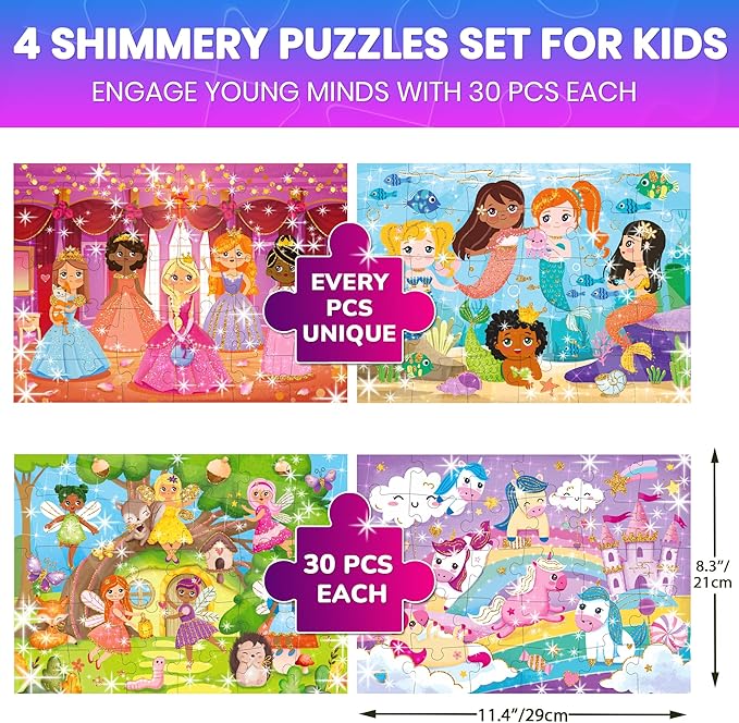 QUOKKA Puzzles for Toddlers 3-5 – Shimmer 4-Pack 30 Pieces Puzzles for Kids Ages 2-4 - Fairy Tale Jigsaw Set with Princess Unicorns for Kids 4-6 Years, Gift for 3 Year-Old Boy Girl, FSC Certified Toy
