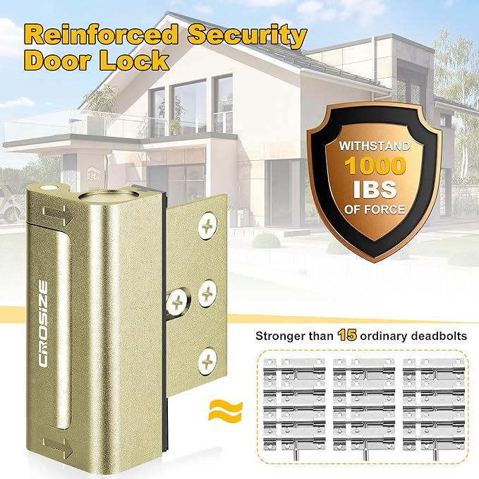 Home Security Door Locks 2 Pack, Metal Door Reinforcement Locks, 3" Withstands 1000 lbs of Impact for Inward Swing Doors, Defender Security Door Lock, Prevent Unauthorized Entry (Gold)