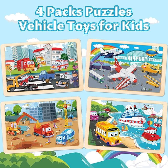 Wooden Puzzles for Kids Ages 3-5, 4 Packs Puzzles for Kids Ages 4-6, 24-Piece Truck Vehicle Wood Jigsaw Puzzles for Toddlers 3-5,Preschool Educational Toys Gifts for Children Ages 4-8 Boys (Vehicle)