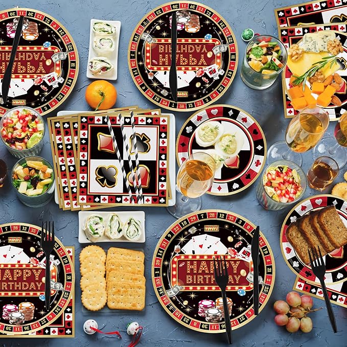 168PCS Casino Party Supplies for Girls Boys Kids Las Vegas Themed Happy Birthday Party Decorations Poker Paper Plates Napkin Cups Forks Knives Straw Tableware for 24 Guests