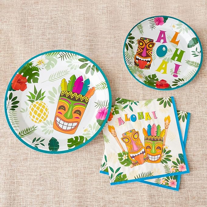 WERNNSAI Hawaiian Luau Party Supplies - 48 PCS Luau Plates And Napkins Tropical Tiki Birthday Decorations Hawaiian Paper Plates Tableware Set for Summer Pool Beach Party Serves 16 Guests
