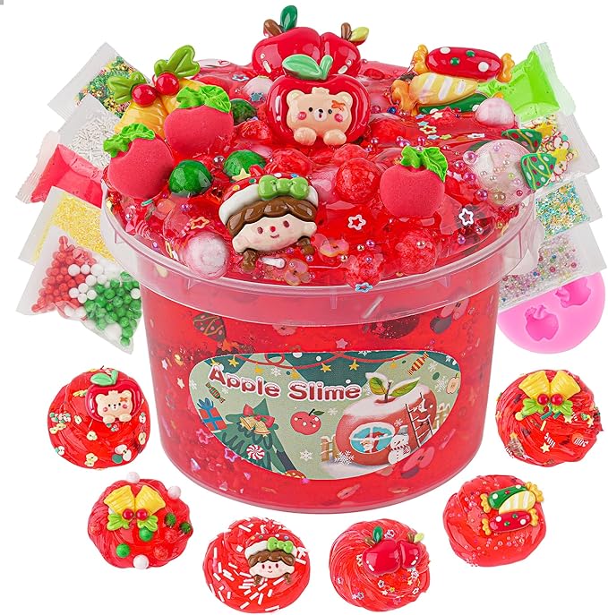 LAWOHO 300ml Apple Clear Slime with Clay, Red Slime Kit for Girls & Boys with 9 Packs Cute Add-Ins for Kids Party Favors, Non Stick Slime Making Kit for Birthday Halloween Christmas Easter Gifts