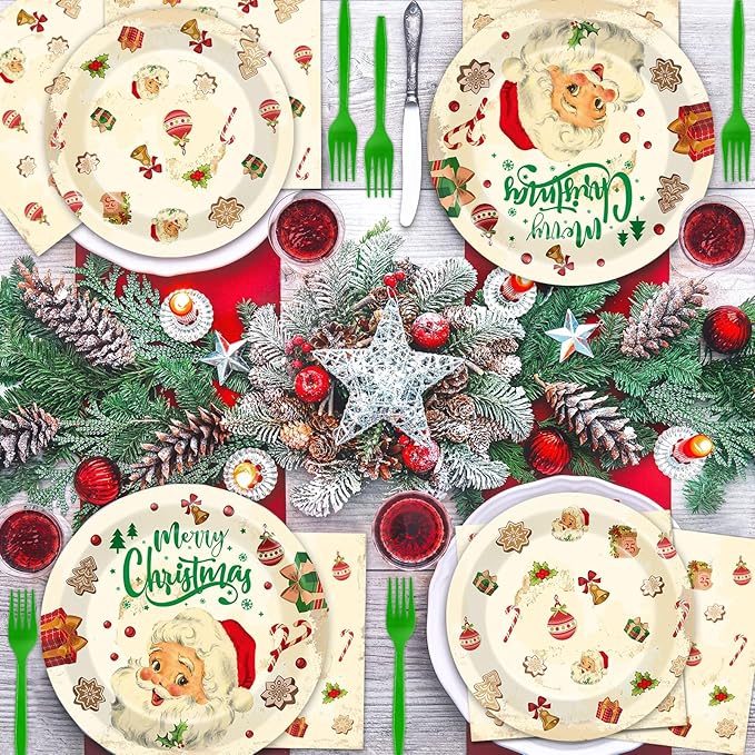 Qyeahkj 100 Pcs Christmas Xmas Party Paper Plates and Napkins, Vintage Holiday Party Supplies Birthday Party Tableware Set Table Decorations Favors with Forks for Girls Boys Kids Serve 25
