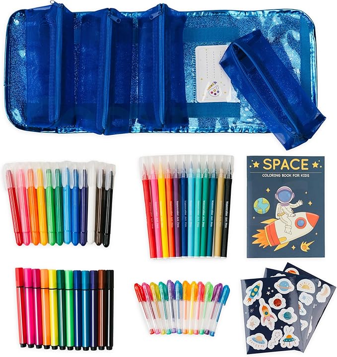 PapaKit Creative Art Coloring Set (Outer Space), Includes Travel Bag, Assorted Washable Marker Set, Glitter Pens & Coloring Pages, Art Supplies Great Gift