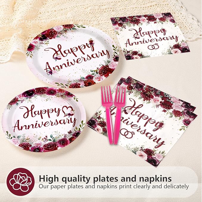 96Pcs Happy Anniversary Party Supplies Burgundy Flowers Anniversary Plates and Napkins Rose Red Burgundy Floral Tableware Set for Women Couple Romantic Wedding Love Party Supplies Serve 24