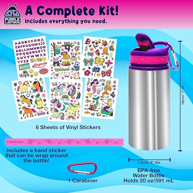 PURPLE LADYBUG Decorate Your Own Water Bottle Kit - Gifts for Girls Ages 4-8 Years Old Birthday, Little Girl Gifts, Kids Water Bottle for School, Valentines Gift for Girls