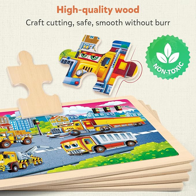 SYNARRY Large Wooden Construction Vehicle Puzzles for Toddlers 3-5, 24 Piece Monster Truck Puzzles for Kids Ages 4-6, Construction Toys for 3 4 5 6 Year Old, Kids Toys Easter Basket Stuffers Gifts