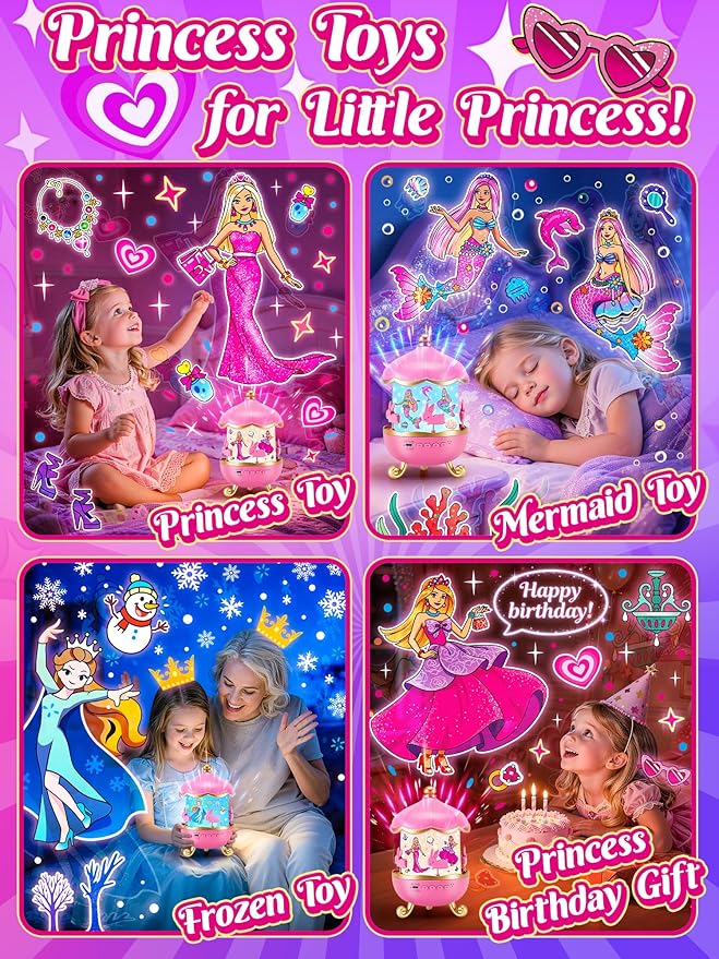 Princess Projector Toy, 【18 Films+15 White Noises】Princess Toys Sound Machine Baby, 360° Rotating Girls Night Light Birthday Gifts, Early Educational Princess Toys for Girl 4-6, Mermaid Toys for Girls