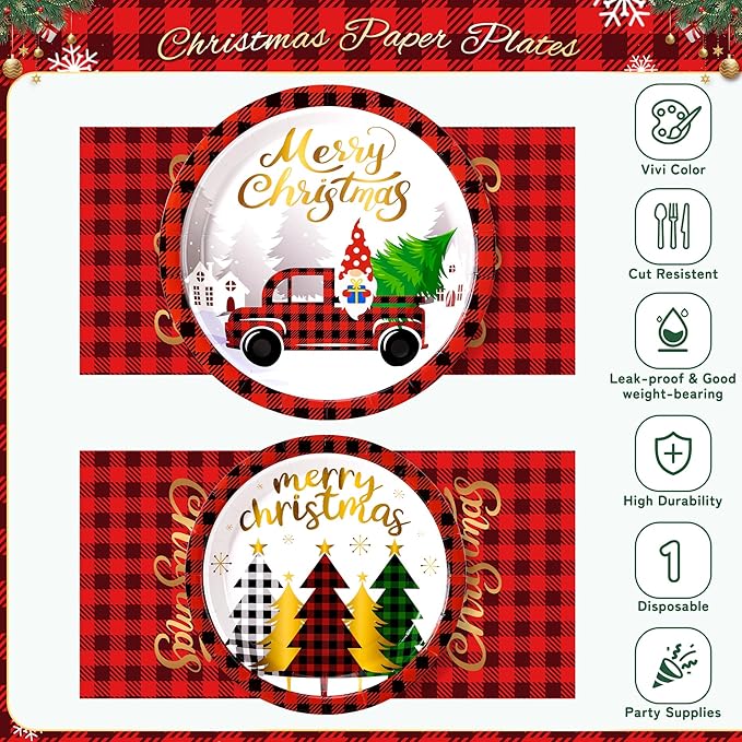 72PCS Christmas Plates and Napkins for Party Decorations, Set of 24 Merry Christmas Disposable Tableware Supplies, Gnome Red Plaid Paper Plates for Xmas Party