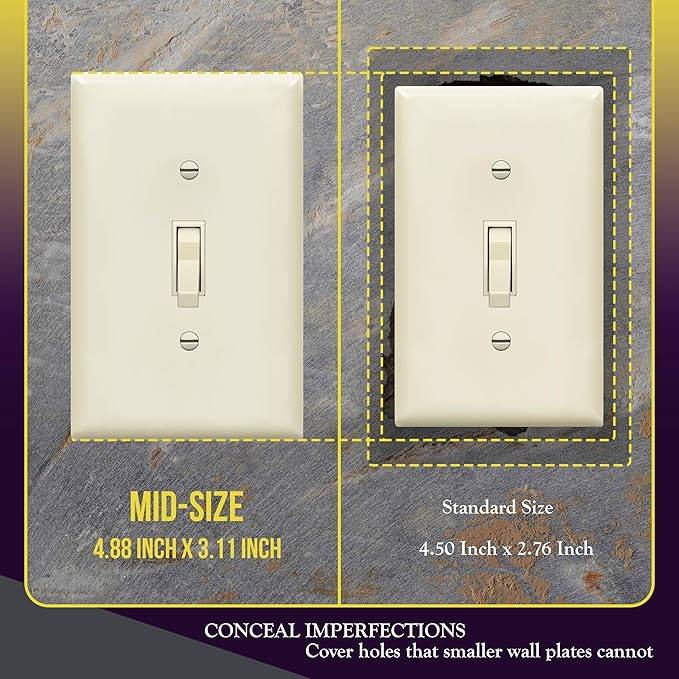 ENERLITES Toggle Light Switch Wall Plate, Gloss Finish, Mid-Size 1-Gang 4.88" x 3.11", Unbreakable Polycarbonate Thermoplastic, UL Listed, 8811M-LA-10PCS, Light Almond, 10 Pack