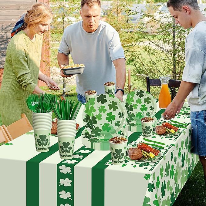 Childom St Patricks Day Party Supplies Decorations,147 Pcs Disposable St Patricks Day Tableware Set with Green Plastic Tablecloth Knives Fork,Paper Plates Napkin Cups for St Patrick's Day Decorations