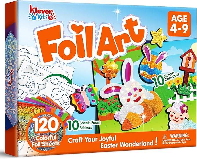 Klever Kits Easter Foil Art Kit for Kids - Arts & Crafts Supplies, Mess Free Coloring, Easter Basket Stuffers, Foil Foam Stickers, Creative Travel Toys, Birthday Gifts for Boys & Girls Ages 4 and Up