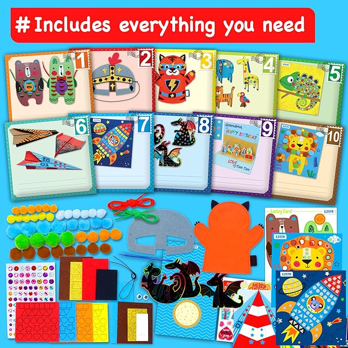 EZCRA Craft Kits for Kids Ages 4-8 – 21 Projects in 1 Craft Box for Kids – All Inclusive No Mess Arts and Crafts Kit, Educational Activity Box for Boys & Girls