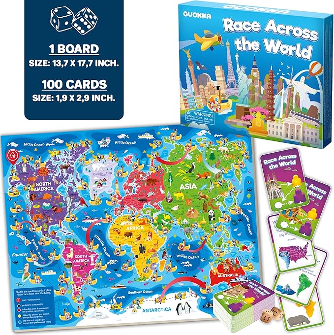 QUOKKA 3X Set Learning Board Games for Kids 8-12 - Educational Trivia Cards Ages 6-8 - Travel United States - World Map - Explore Outer Space - Gift for Children and Teens 4-8 - Jigsaw Puzzles