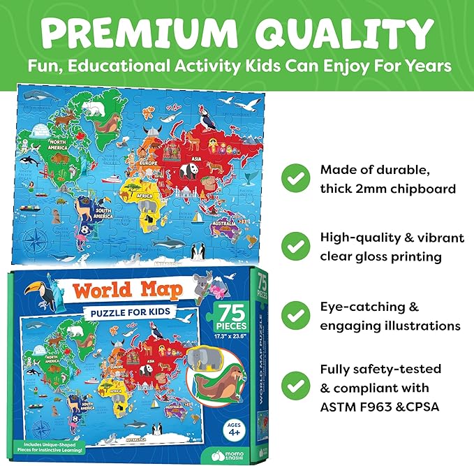 World Map Puzzle for Kids - 75 Piece - World Puzzles with Continents - Childrens Jigsaw Geography Puzzles for Kids Ages 4-8, 5, 6, 7, 8-10 Year Olds - Globe Atlas Puzzle Maps Learning Games Gifts