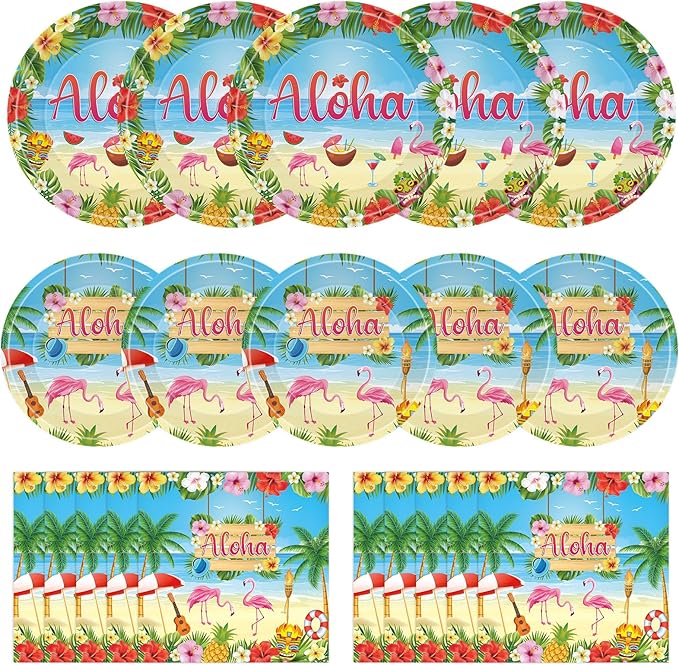 40 Pcs Aloha Party Decorations - Hawaiian Plates and Napkins, Tropical Luau Dinner Dessert Paper Plates Flamingo Napkins Disposable Tableware Set for Hawaii Summer Party Supplies Decor, Serves 20