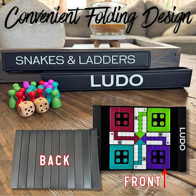 Ludo and Snakes & Ladders 2-in-1 Set, Compact Travel-Friendly Folding Boards, Wooden Pieces & Dice, Portable Family Game