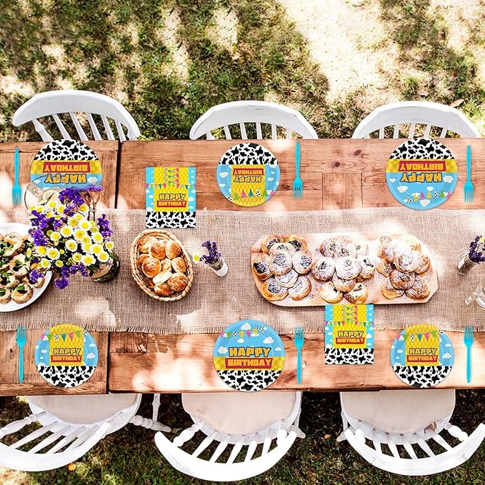 gisgfim 96 Pcs Cartoon Story Party Plates and Napkins Party Supplies Cow Pattern Blue Sky Tableware Set Cartoon Story Decorations Favors for Birthday Baby Shower for 24 Guests