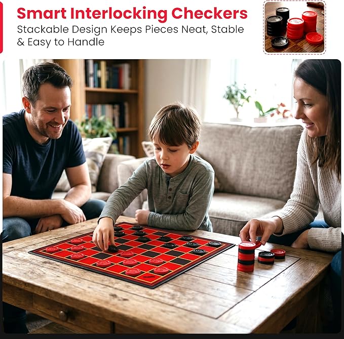 Kangaroo - Multiplayers Strategy Checker Board Game for Kids & Adults - Portable Educational Travel Cardboard Checkers - Includes Large Board w/ 24 Checkers (12 Red and 12- Black) 15x15 Inches