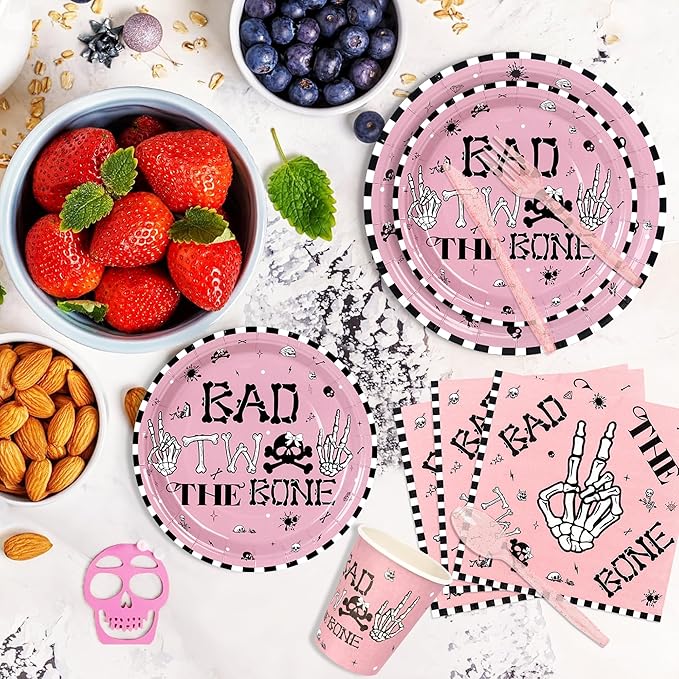 175 PCS Bad Two the Bone Party Decorations Girl, Pink Rock and Roll 2nd Birthday Party Plates and Napkins Skeleton 2nd Birthday Decorations for Girl, Serve 25