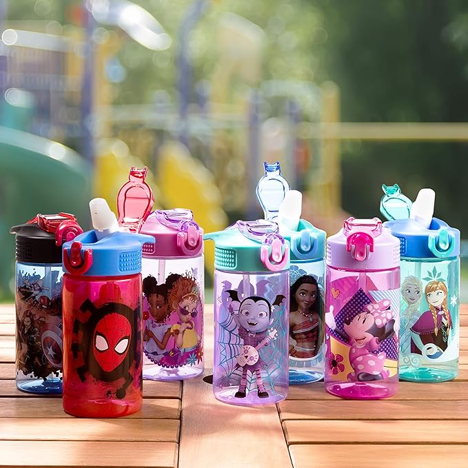 Zak Designs Disney Frozen 2 Kids Spout Cover and Built-in Carrying Loop Made of Plastic, Leak-Proof Water Bottle Design, 16oz, Elsa & Anna