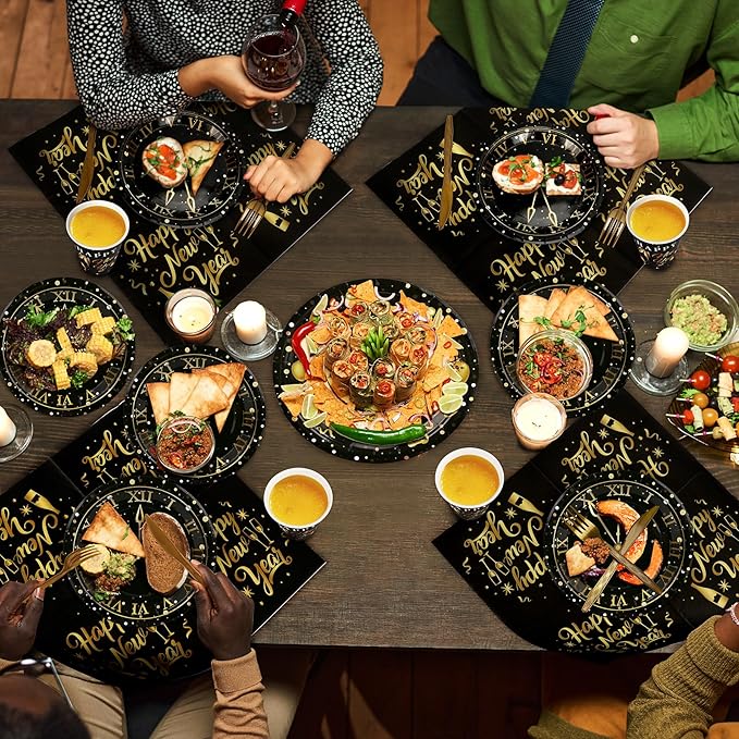 168pcs Happy New Year Party Supplies, Black and Gold Paper Plates Napkins Cups and Gold Cutlery for 24 Guests, 2026 New Year Disposable Tableware Supplies for Party Decorations
