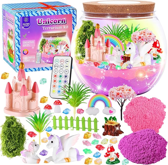 Hannstar Unicorn Terrarium Crafts Kit for Kids-LED Night Light Unicorn Birthday Gifts for Girls Ages 4 5 6 7 8-12 Year Old-Unicorn Toys for Girls - DIY Arts and Crafts Kit for Kids
