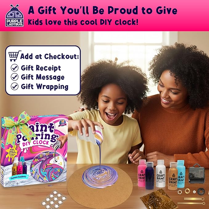 PURPLE LADYBUG Pouring Paint DIY Clock Kit - Creative Kids Painting Kit - 6 7 8 9 10 11 12 Year Old Girl Gift Ideas, Birthday Gifts for 6-12 Year Old Boys & Girls - Crafts for Kids 8-12