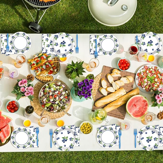 Wiooffen 96 Pcs Blueberry Party Plates Napkins Tableware Set Blueberry Baby Shower Supplies Summer Happy Birthday Disposable Dinnerware Berry Themed Decoration Favors for Spring Party, 24 Guests