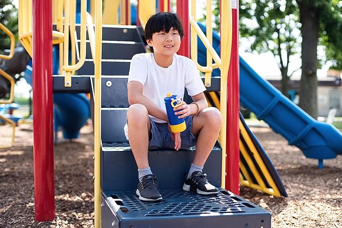 Ello Kids Colby 12oz Stainless Steel Insulated Water Bottle with Straw and Built-In Silicone Coaster Carrying Handle and Leak-Proof Locking Lid for School Backpack, Lunchbox, and Outdoor Sports
