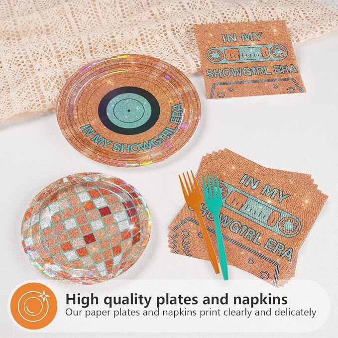 96Pcs In My Showgirl Era Decorations Disco Orange Green Glitter Plates and Napkins Tableware Sets The Life of A Birthday Decorations for Women Girls Birthday Showgirl Themed Party Supplies Serves 24