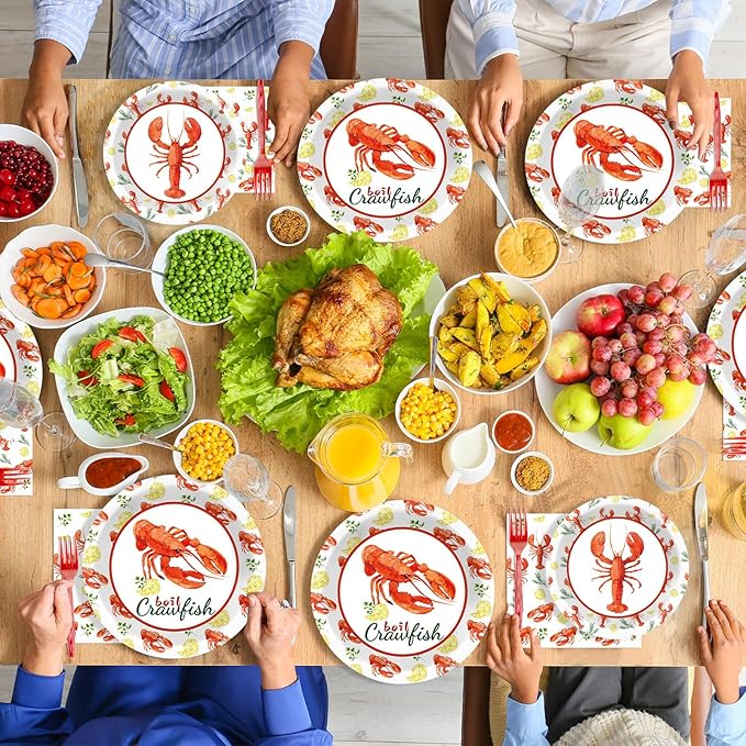 Qyeahkj 100 Pcs Crawfish Boil Party Plates and Napkins Set Crawfish Party Decorations Supplies Lobster Seafood Shrimp Boil Tableware Crawfish Crab Party Favors for Birthday Baby Shower Serve 25
