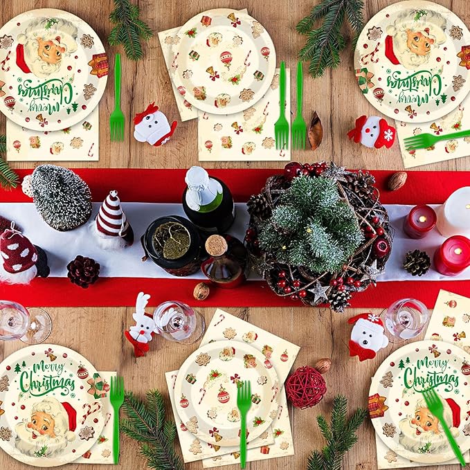 Qyeahkj 100 Pcs Christmas Xmas Party Paper Plates and Napkins, Vintage Holiday Party Supplies Birthday Party Tableware Set Table Decorations Favors with Forks for Girls Boys Kids Serve 25