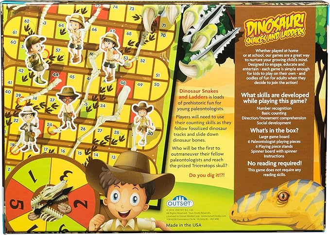 Dinosaur Snakes and Ladders Preschool Game - No Reading Required - Early Learning Basic Couting Game for Kids Ages 3 and up - for 2 to 6 Players by Outset