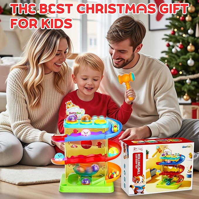 2-in-1 Rolling Ball & Car Ramp Race Track for Toddlers, Hammer Ball Drop Toy for Boys & Girls, Interactive Playset w/Sensor Lights - Montessori STEM Learning Toys for Kids 1-5+ Year Old