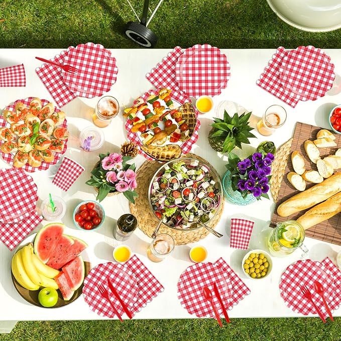 168 Pcs Red Gingham Checkered Party Supplies Scalloped Red and White Checkered Plates Napkins Cups Forks Tableware Sets for Birthday Wedding Picnic BBQ Bridal Baby Shower Supplies Serves 24