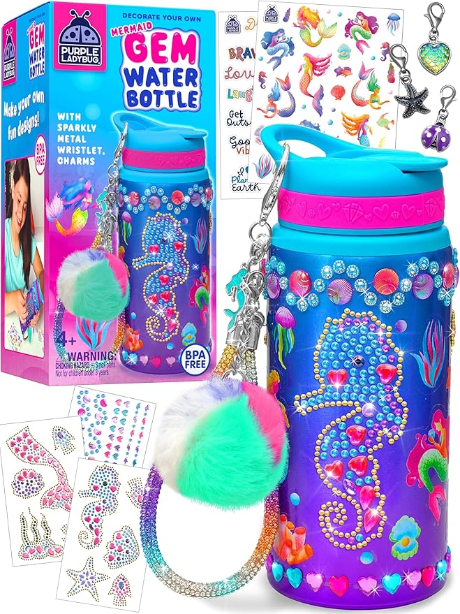 PURPLE LADYBUG Decorate Your Own Water Bottle for Girls - Mermaid Gifts for Girl Age 6-8, Gifts for Girls 5 6 7 8 9 10 Year Old Birthday, Summer Gift for Kids Crafts for Girl Ages 6-8