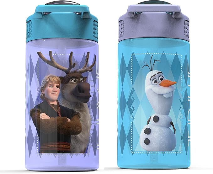 Zak Designs Disney Frozen 2 Kids Water Bottle with Spout Cover and Carrying Loop, Durable Plastic, Leak-Proof Water Bottle Design for Travel (16 oz, 2-Pack, Non-BPA, Elsa & Anna)