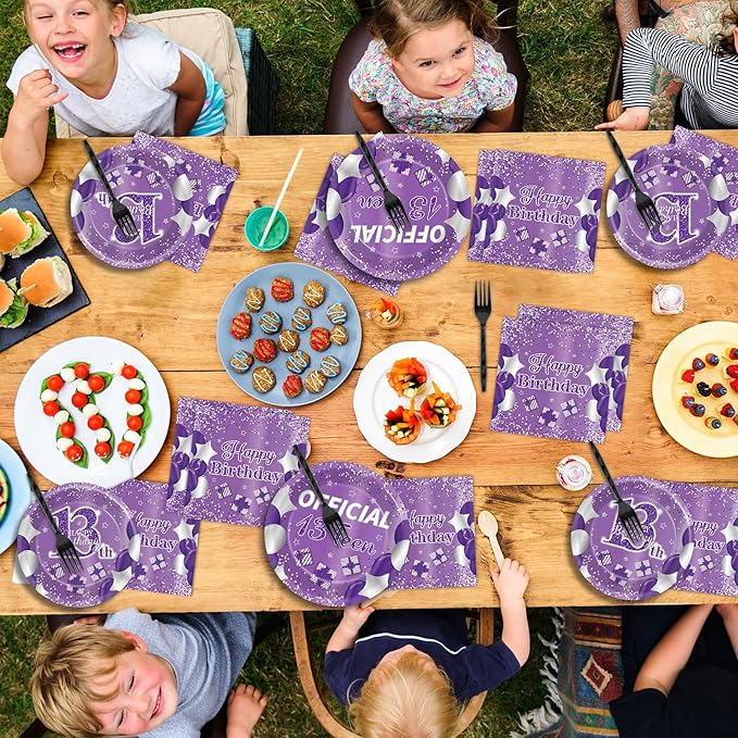 Qyeahkj 100 Pcs Purple Official Teen Birthday Decor 13th Birthday Plates Napkins Forks Set Disposable Official 13th Tableware Teenager Paper Plates Dinnerware Decorations Serve 25