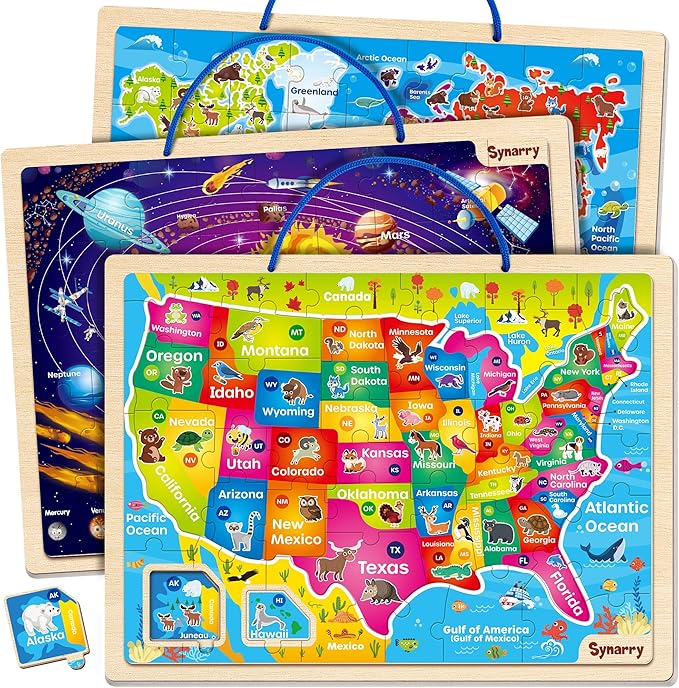 SYNARRY Large USA World Solar System Wooden Magnetic Puzzles for Kids Ages 4-6, Wood Puzzles Educational Games Toys Easter Gifts for Toddlers, United States World Space Map for Boys Girls Ages 3-5 4-8