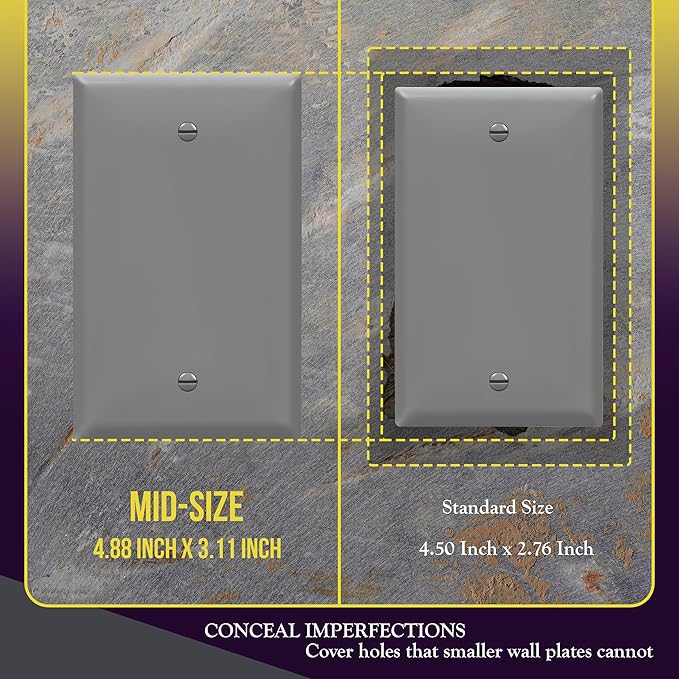 ENERLITES Blank Device Wall Plate, Gloss Finish, Mid-Size Blank Outlet Covers, Grey 1-Gang 4.88" x 3.11", Unbreakable Polycarbonate Thermoplastic, UL Listed, 8801M-GY-10PCS, Gray (10 Pack)
