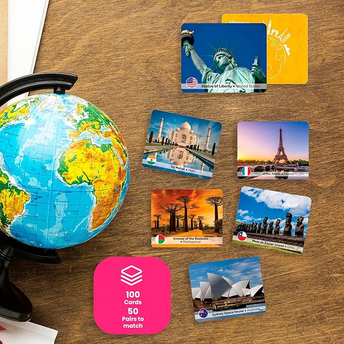 Menique Explore the World Memory Matching Game – 100 Cards (50 Pairs) with Famous Landmarks from 50 Countries – Includes Flag, Country & Place – Educational Geography Game + Informative Booklet